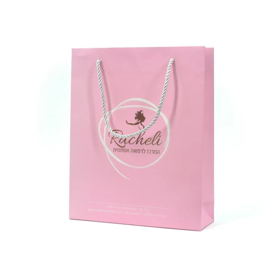 Bolsa de papel de regalo de embalaje rosa premium impresa personalizada con bolsa de papel cosmética de fábrica de ventana de PVC