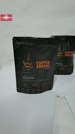 Paquete Doy plano con logotipo personalizado para café en grano, té, bolsa de café de aluminio con valor y bolsa inferior con bloque de cremallera